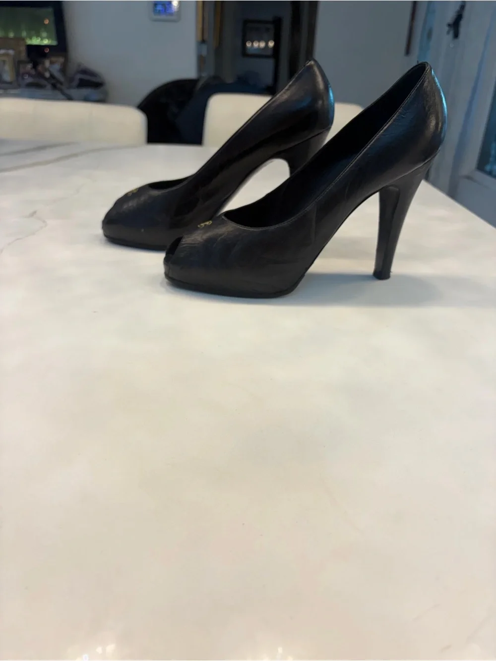 CHANEL Black Leather Peep-Toe Pumps with Gold CC Accent - Picture 4 of 8